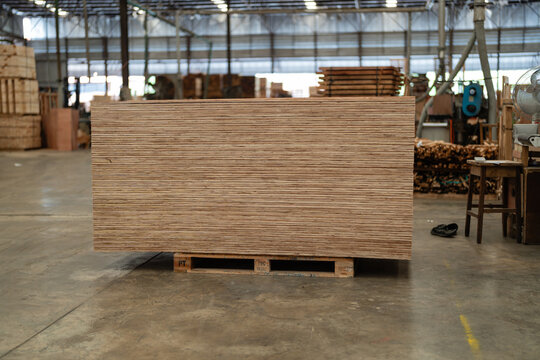 Resting as lumber in a timber warehouse, stacked plywood sheets sit on a pallet beside a stool in the storage area.