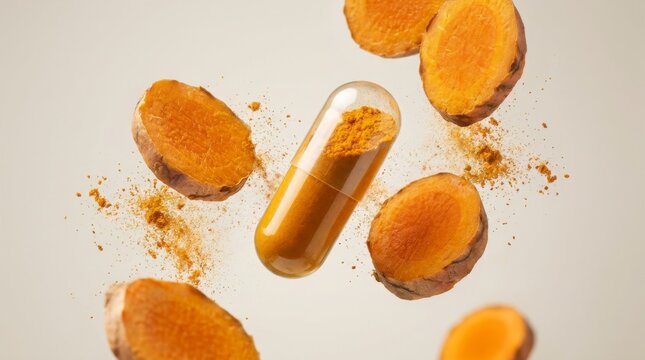 Turmeric capsule and sliced turmeric roots with powder falling on a light background, concept of natural health supplements