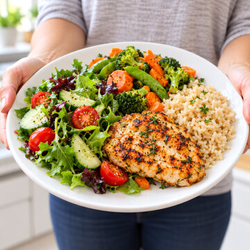 Healthy Meal with Grilled Chicken, Rice, Salad