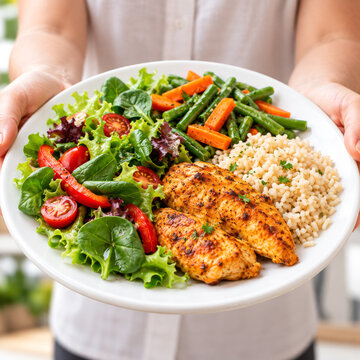 Healthy Meal with Grilled Chicken, Rice, Salad
