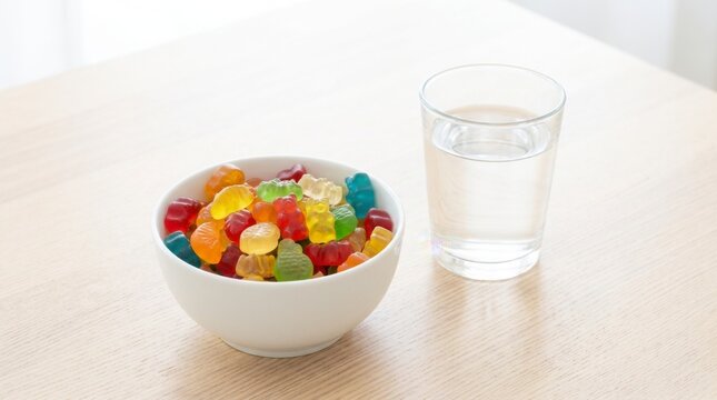 White bowl filled with colorful gummy bears next to a clear glass of water on a light wooden table, concept of choice and moderation