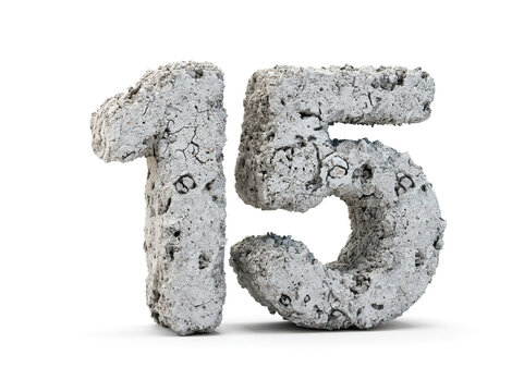 Monochromatic, textured concrete sculpture of number 15, isolated on white background, clean and minimalistic style, studio lighting without shadows or reflections, ultra-realistic, hig - AI-Generated