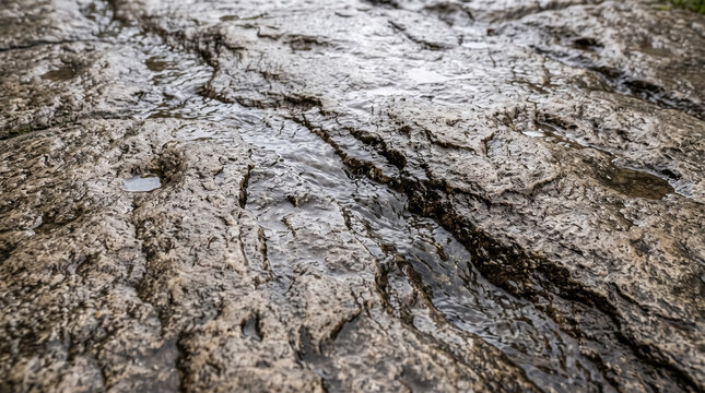 Water stream flowing over rough textured wet stone surface in nature. Concept of rock texture, natural texture, riverbed.