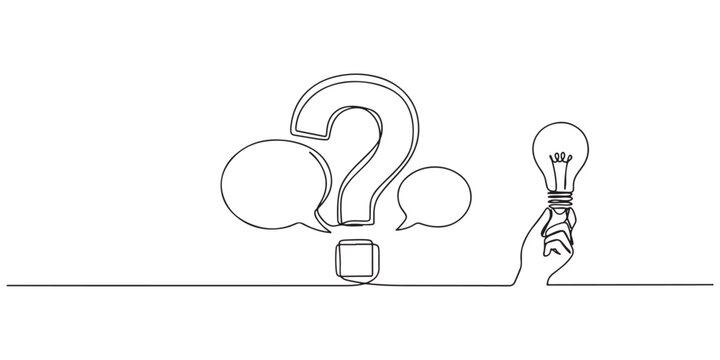  continuous single-line art illustration depicting a large central question mark flanked by two speech bubbles on one side and a hand holding a light bulb on the other.