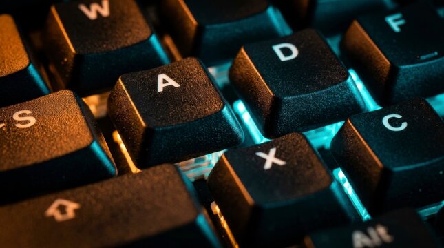 Close-up of a backlit computer keyboard with glowing blue and orange keys, highlighting the WASD keys for gaming or computing concepts, concept of digital interaction and technology