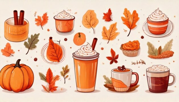 A professional vector-style flat design graphic set of cozy autumn coffee shop icons and seasonal cafe menu elements isolated on a light cream background