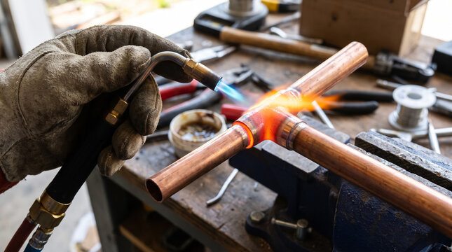 Plumber brazing copper pipe tee joint using gas torch flame in workshop. Concept of soldering, blowtorch.