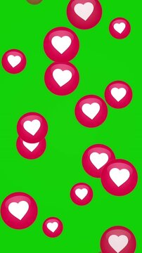 Social media heart like icons floating on green screen, animated love reaction bubbles, red heart floating elements for video editing
