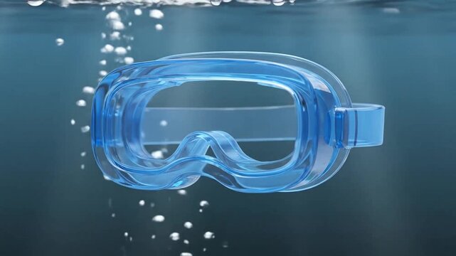 Blue diving goggles floating underwater with rising bubbles