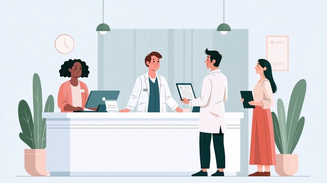Diverse medical staff interacting at a modern clinic reception desk with patients during a busy day