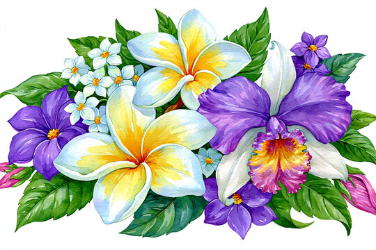 Watercolor illustration of tropical plumeria and orchid flowers bouquet