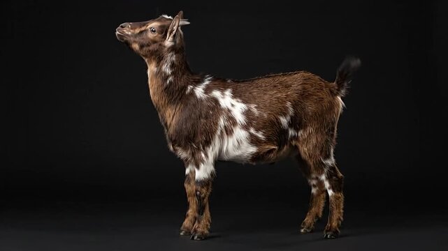 Brown and white young goat standing against a dark studio background