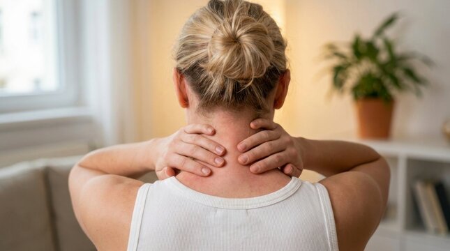Rear view of a blonde woman with her hair in a bun, massaging her neck and shoulders due to pain or discomfort in a bright indoor setting, concept of pain and discomfort