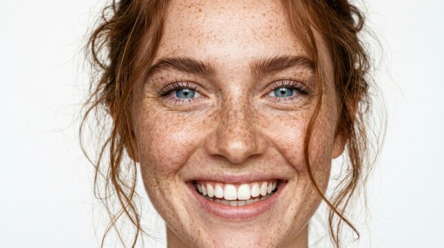 Close-up portrait of a happy young woman with red hair and freckles smiling broadly at the camera, showcasing natural beauty and joy, concept of natural beauty and happiness