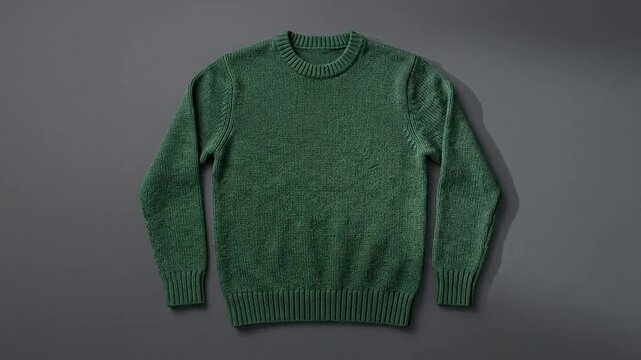 Green knitted wool sweater lying flat on gray background