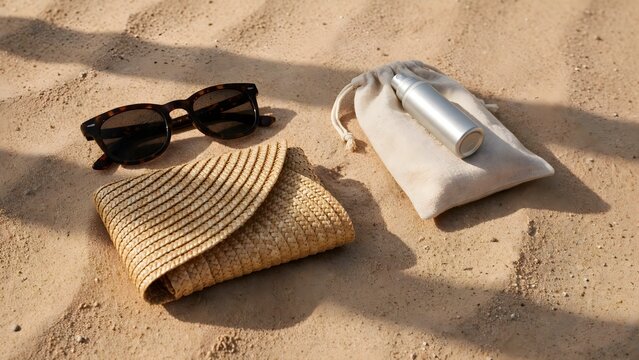 Fashion accessories on sand with sunlight casting shadows