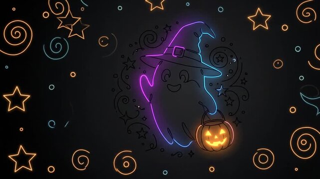 Neon glowing ghost wearing a witch hat holding a carved jackolantern