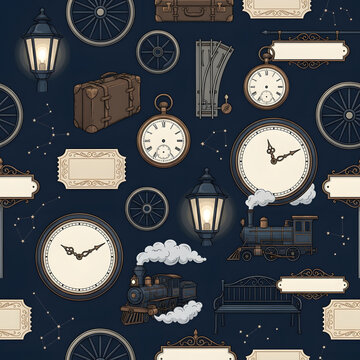 Midnight train station vintage seamless pattern with locomotives and pocket watches