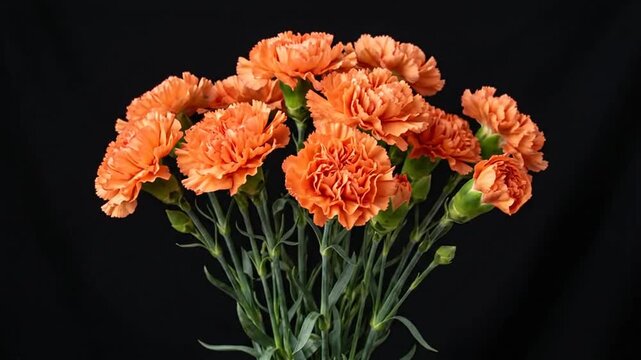 Vibrant orange carnations bouquet blooming against a dark studio background