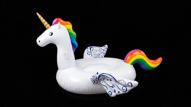 White inflatable unicorn pool float with rainbow mane on black background
