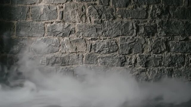 White smoke rolling across dark stone wall and floor background