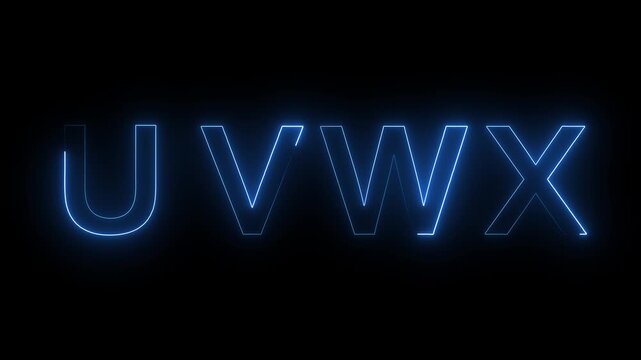 blue neon glowing alphabet letters u v w and x animation loop motion graphics.