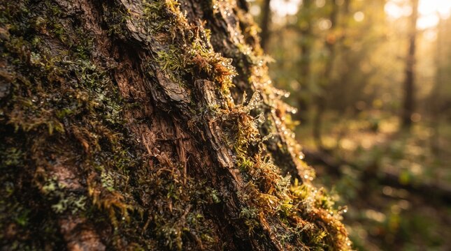 Close-up of tree bark covered in green moss and lichen in a sunlit forest during golden hour