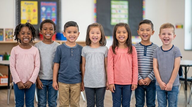 Diverse group of cheerful multiethnic children smiling and enjoying time together indoors, representing friendship, inclusion, education, happiness, teamwork, and childhood learning