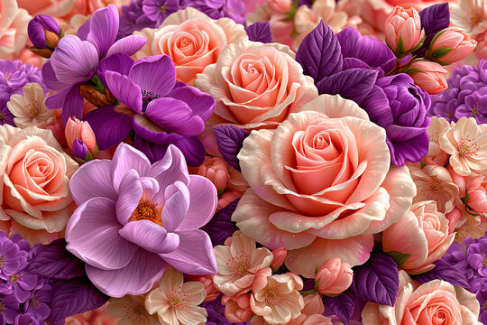 Bouquet of mixed peach and purple roses for romantic background with rose bouquet