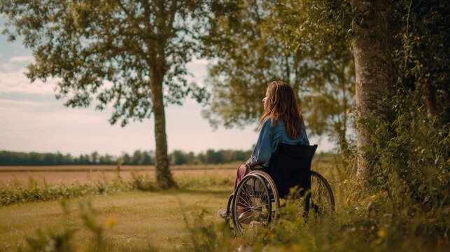 A serene side-back view of a reflective girl sitting in a wheelchair on a grassy field next to large trees, looking out at a peaceful countryside landscape.