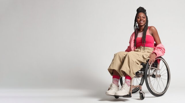 A studio full-length shot of a beautiful black woman with braided hair, wearing trendy casual clothes and sneakers, sitting confidently in her active wheelchair. 