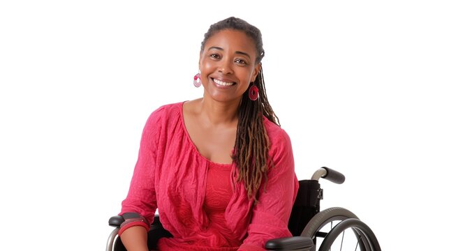 A bright studio portrait of a happy, beautiful African American woman with long dreadlocks wearing a vibrant pink outfit and sitting in a wheelchair. 