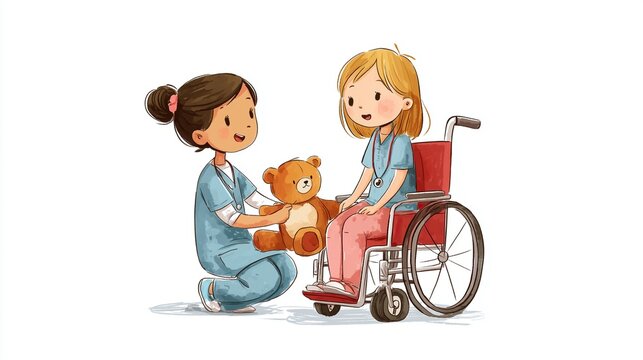 A charming digital watercolor drawing of a young nurse in blue scrubs showing a teddy bear to a little blonde patient in a wheelchair. 