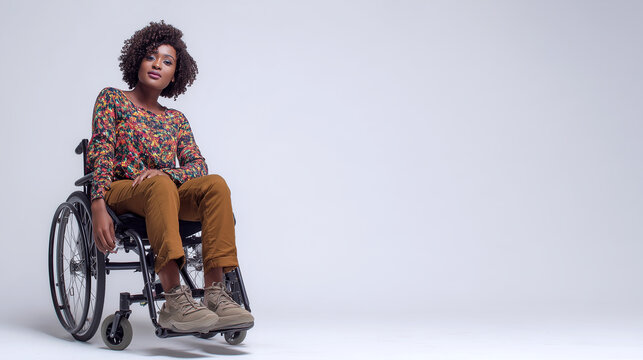 A wide studio shot of an attractive African American woman with curly hair wearing a floral blouse and brown trousers.