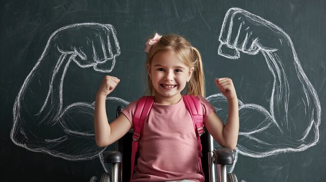 A joyful young girl wearing a school backpack sits in a wheelchair and confidently shows her strength against a chalkboard with big drawn muscles. 