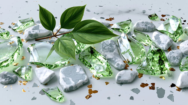 Abstract composition of broken green glass and smooth stones with green leaf