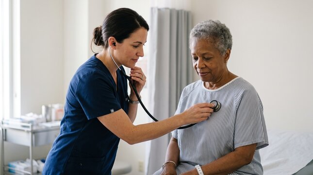 Nurse checks elderly patient's heart with stethoscope during medical examination in clinic