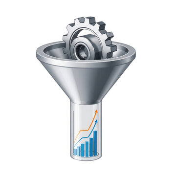 Metal gear inside a funnel with a growing business chart isolated on white background