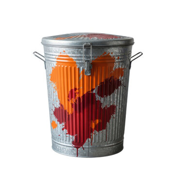 Metal trash can with colorful paint splashes isolated on white background