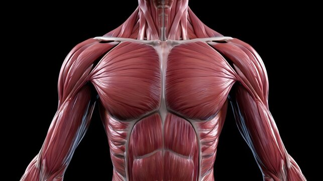 Anatomical illust n of human upper torso muscles including pectorals  deltoids  and abdominal muscles in detailed red tones