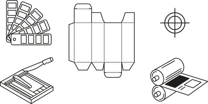 Offset Printing and Packaging Production Color Swatch Fan Box Dieline Paper Guillotine Cutter Registration Mark and Offset Press Rollers Line Icon Set