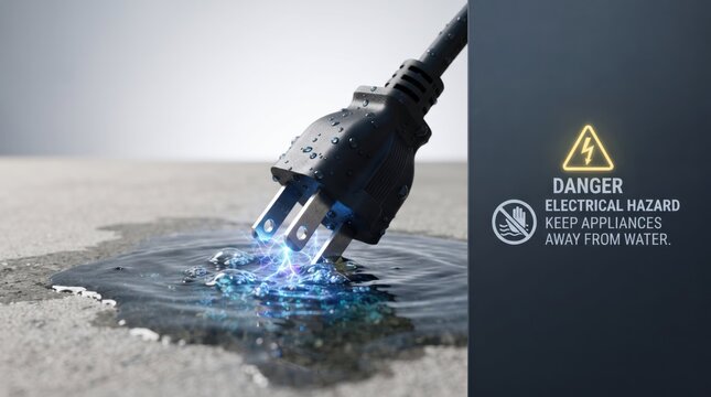 Electrical plug submerged in water with hazard warning sign
