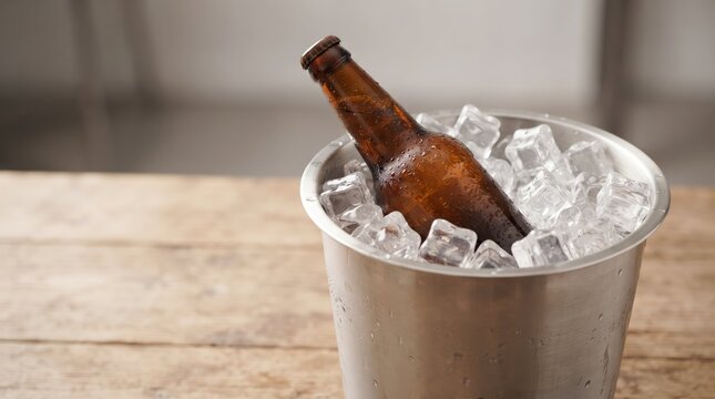 Brown bottle in metal bucket filled with ice cubes
