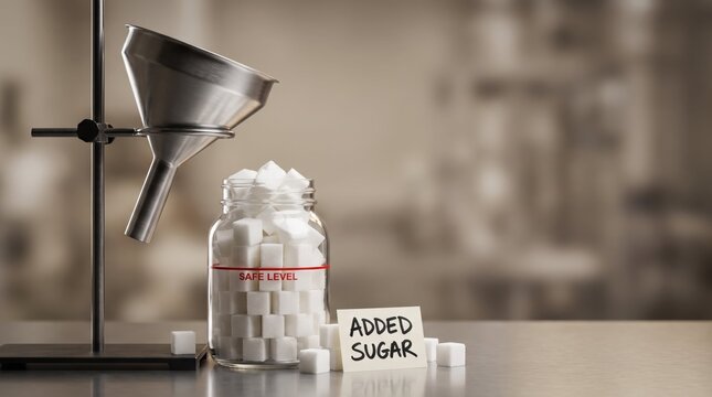Bottle with added sugar sign and umbrella on desk