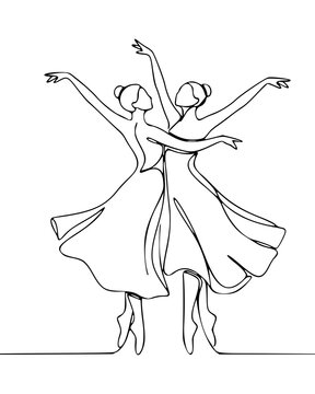 Continuous Line Art of Two Ballerinas Dancing with Raised Arms