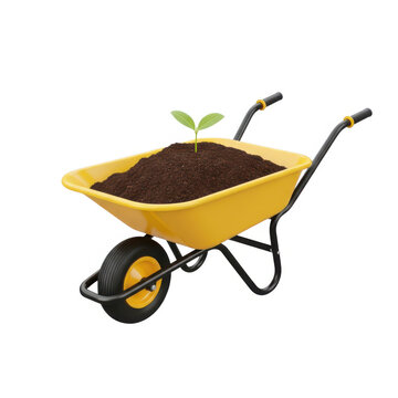 Yellow wheelbarrow filled with soil and a small green plant isolated on white background