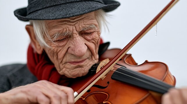 Funny violinist playing passionately on a snowy corner with an icicle hanging from his bow, humorous winter street photo with copy space