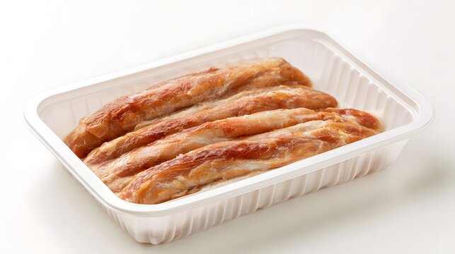 Four golden brown sausages neatly arranged in a white plastic food container on a clean white surface