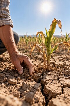 Farmer Examining Dry Cracked Soil Around Dying Corn Plant Farmer touching cracked dry soil beside a wilting corn plant under intense sunlight, severe drought, water scarcity, and climate change 