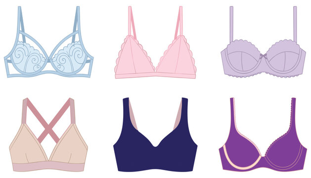 Female bra and brassiere vector set. Collection of colorful push up bras, sports bralette, lace lingerie and female undergarment clothing elements.